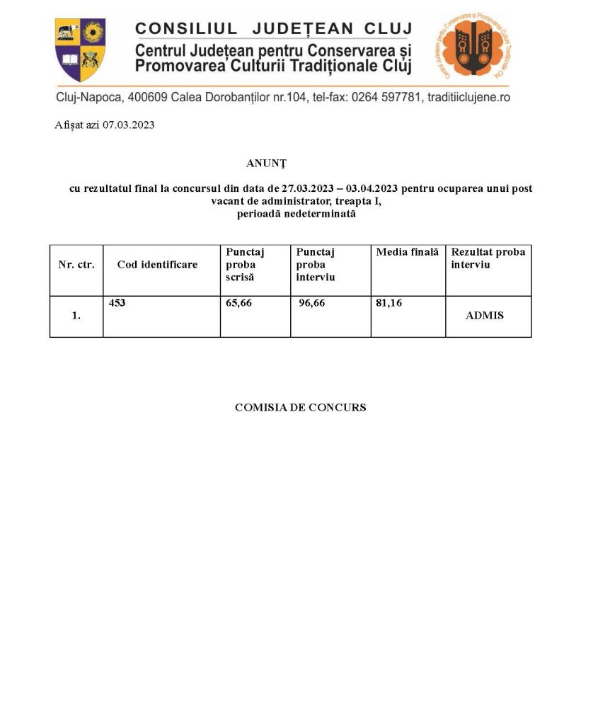 ANUNȚ cu rezultatul final la concursul din data de 27.03.2023 – 03.04.2023 pentru ocuparea unui post vacant de administrator