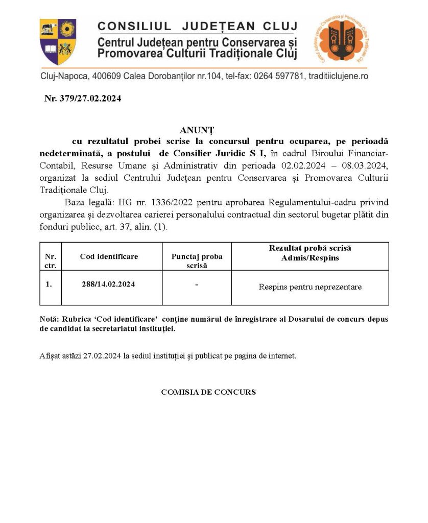 ANUNŢ cu rezultatul probei scrise la concursul pentru ocuparea postului  de Consilier Juridic