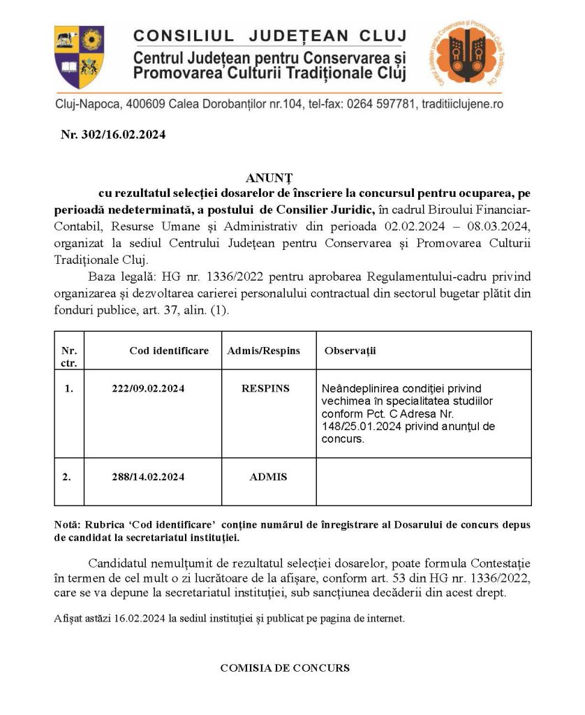 ANUNŢ cu rezultatul selecției dosarelor de înscriere la concursul pentru ocuparea, pe perioadă nedeterminată, a postului de Consilier Juridic